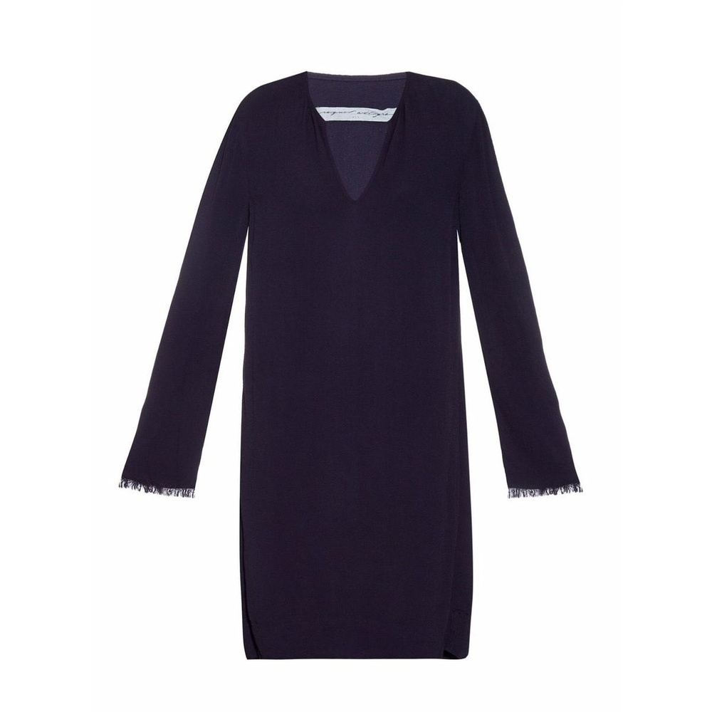 Raquel Allegra Navy Blue Crepe Dress V-Neck Frayed Hem Long Sleeve size 2 EUC